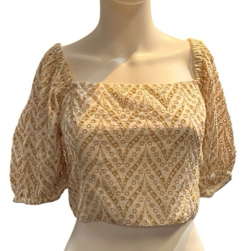 Lilly Pulitzer Yara Eyelet Top White Metallic Gold Crop Smocked 12 Vacation Glam